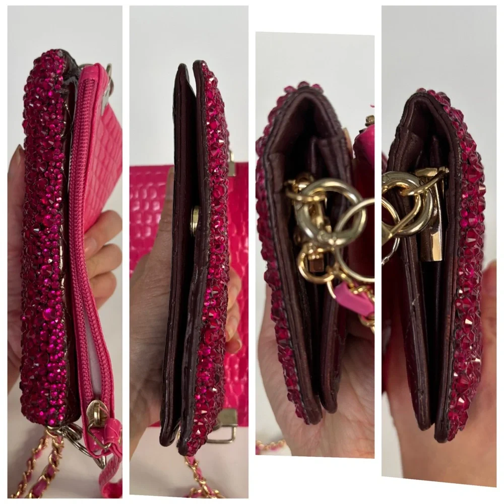 CHA-NEL CC Custom Rhinestone Hot Pink Leather Wallet on Chain - Picture 11 of 14
